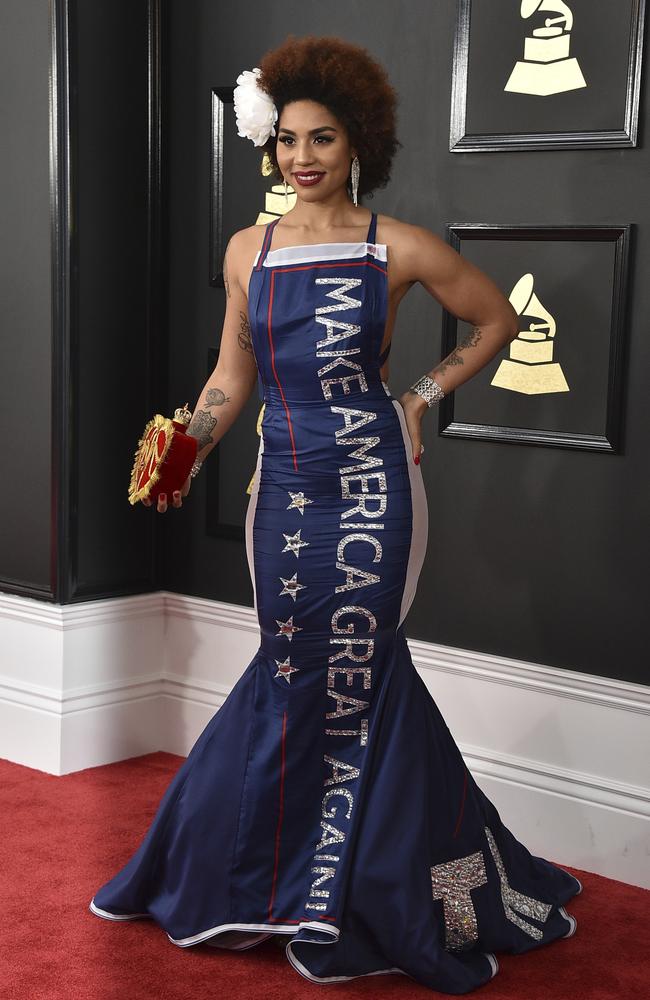 Make America Great Again? Let’s start by fixing your dress, singer Joy Villa. Picture: Jordan Strauss/Invision/AP