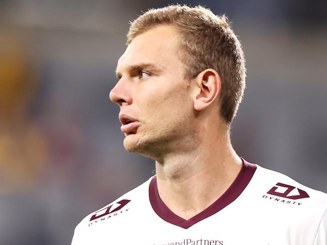 SYDNEY, AUSTRALIA - MAY 20:  Tom Trbojevic of the Sea Eagles looks on during the warm-up before the round 11 NRL match between the Parramatta Eels and the Manly Sea Eagles at CommBank Stadium, on May 20, 2022, in Sydney, Australia. (Photo by Mark Kolbe/Getty Images)