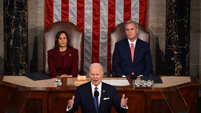 US Vice President Kamala Harris and then US Speaker of the House Kevin McCarthy (R-CA) listen as US President Joe Biden delivers the State of the Union address in 2023. Picture: AFP.