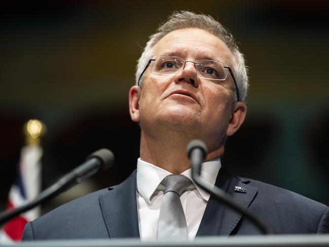 CANBERRA, AUSTRALIA - MAY 01: Australian Prime Minister Scott Morrison speaks at a press conference on May 01, 2020 at Parliament House in Canberra, Australia. The ACT became the first Australian state or territory to be free of any known COVID-19 cases on Thursday, following the recovery of the last person to contract the coronavirus in Canberra. Despite the local elimination of the virus, ACT health authorities have confirmed current restrictions on travel, gatherings and social distancing will remain in place, as will expanding testing to asymptomatic patients and those with mild symptoms to ensure there are no further outbreaks. (Photo by Rohan Thomson/Getty Images)