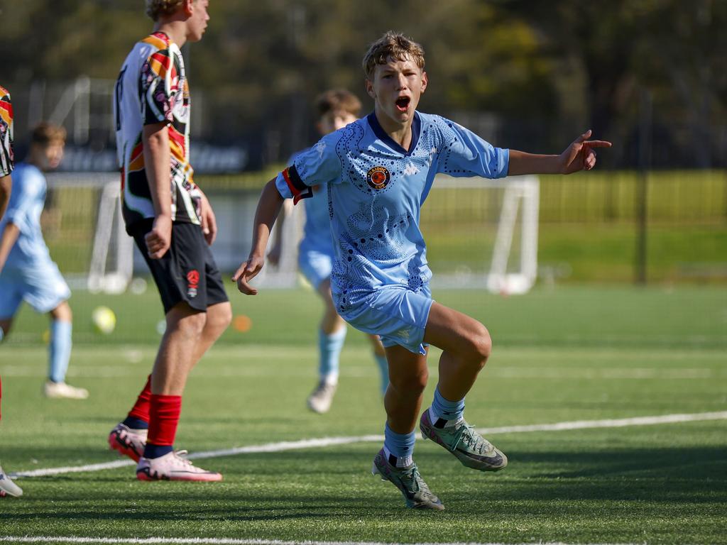 Tyler Hawkett celebrates a goal, U14 Boys NAIDOC Cup at Lake Macquarie Regional Football Facility. Picture: Michael Gorton