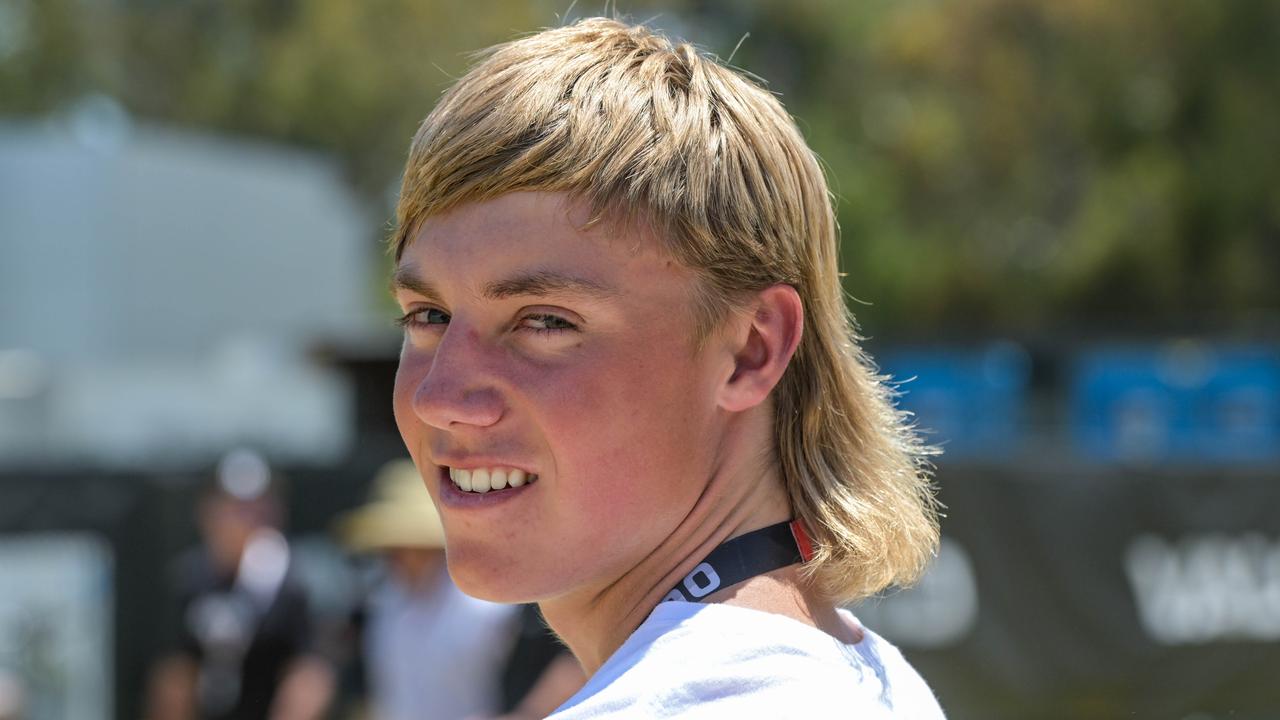 Leigh Wingard vying for best mullet at the VALO Adelaide 500. Picture: Brenton Edwards