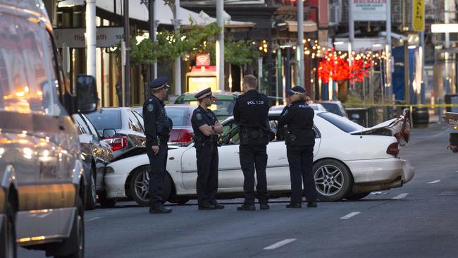 Police in Hindley St after the shooting overnight. Picture: Scott Oates