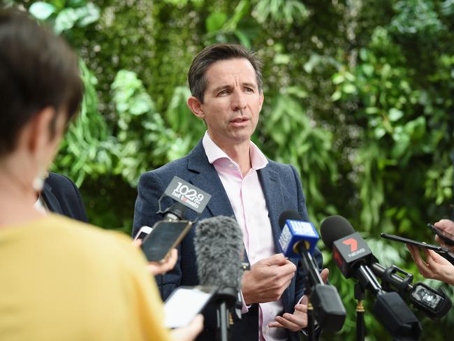 Minister for Trade, Tourism and Investment Simon Birmingham and local MPÕs Angie Bell and Karen Andrews will host a roundtable TOMORROW with key Gold Coast stakeholders in tourism and small business. Stakeholders will discuss how the Gold Coast can tap into the Federal GovernmentÕs $1 billion stimulus package for regions adversely impacted by Coronavirus (Covid-19) and are reliant on tourism and education.  Minister talks with media. Picture: Lawrence Pinder