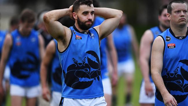 Flinders University player Jordan Smith after his side’s loss to Mitchell Park on Saturday. Picture: AAP/Mark Brake