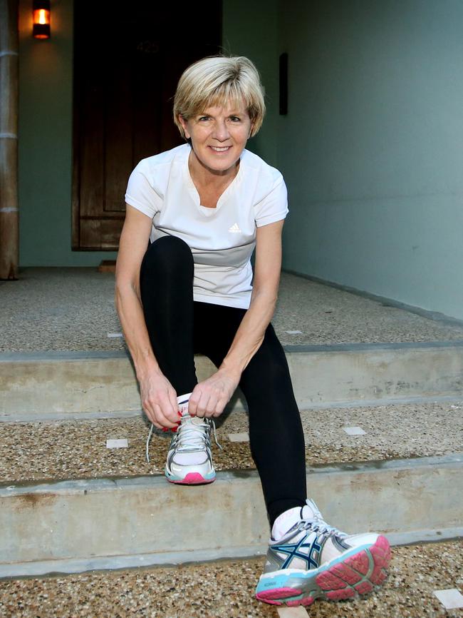 Julie Bishop getting ready for her morning run while on a visit to Myanmar. Picture: Kym Smith