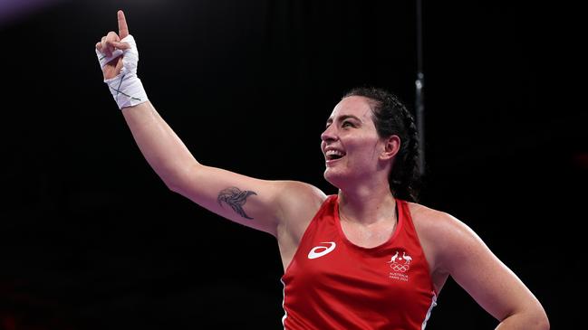 PARIS, FRANCE - AUGUST 04: Caitlin Parker of Team Australia celebrates victory against Khadija Mardi of Team Morocco after the Women's 75kg Quarter-final match on day nine of the Olympic Games Paris 2024 at North Paris Arena on August 04, 2024 in Paris, France. (Photo by Richard Pelham/Getty Images)