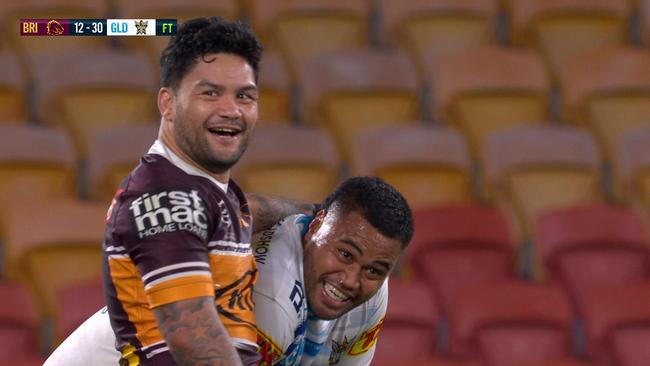 Issac Luke laughs after the Broncos fifth straight loss. Picture: Fox Sports.