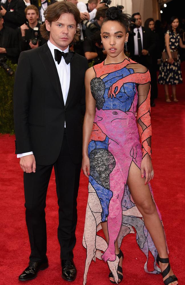 Striking ... UK designer Christopher Kane with rapper FKA Twigs, wearing Kane’s ‘penis’ dresses, at the Met Gala earlier this month. Picture” Larry Busacca/Getty Images