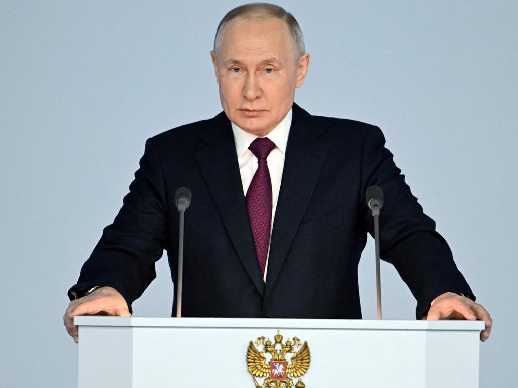 Russian President Vladimir Putin delivers his annual state of the nation address at the Gostiny Dvor conference centre in central Moscow. Picture: AFP