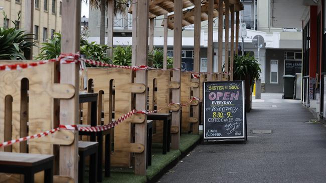 Empty restaurants in St Kilda whilst Melbourne is still in lockdown. Picture: Alex Coppel.