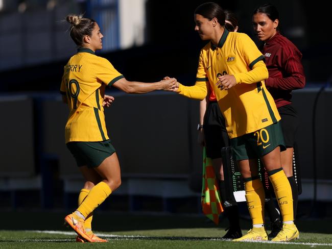 Sam Kerr (right) replaces Katrina Gorry during Australia’s win over South Africa. Picture: Paul Harding / Getty Images