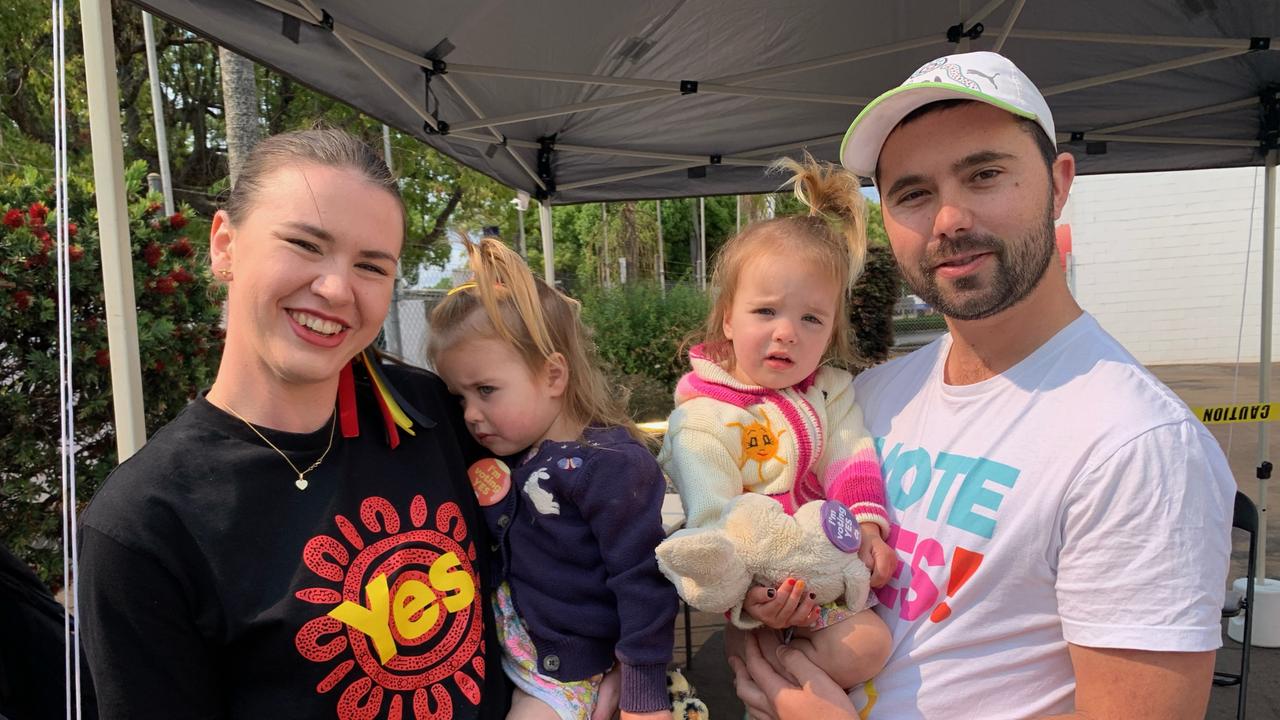 Chloe Moore and her husband, Wiradjuri man Kieren Moore with twin daughters Bonnie and Florence volunteering for the Yes Campaign