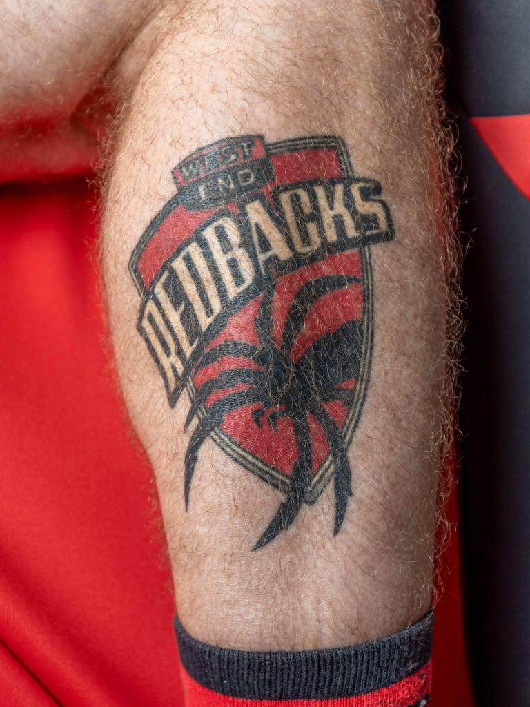 Jim’s existing leg tattoo – he’s planning a second one if the Redbacks triumph in the final. Picture: Ben Clark