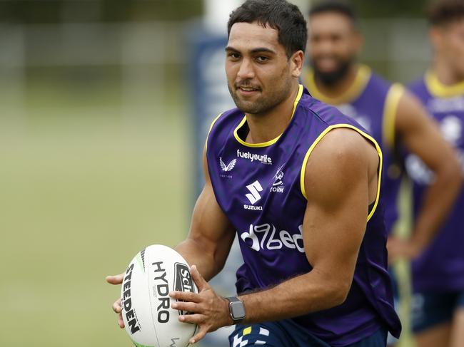 MELBOURNE, AUSTRALIA - JANUARY 04: Reimis Smith trains during a Melbourne Storm NRL training session at Gosch's Paddock on January 04, 2021 in Melbourne, Australia. (Photo by Darrian Traynor/Getty Images)