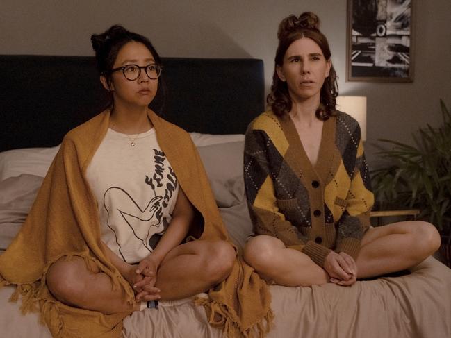 Stephanie Hsu as Ruby, and Zosia Mamet as AJ in the US version of Laid. Picture: Jeff Weddell/PEACOCK