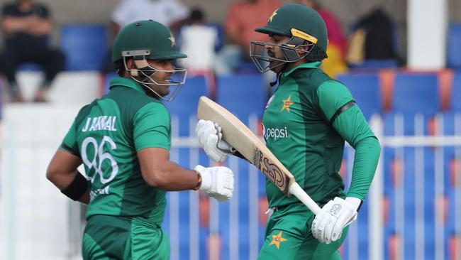 Haris Sohail (R) posted his maiden ODI century in Pakistan’s defeat to Australia. Picture: AFP