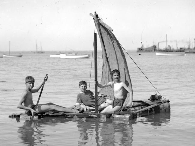 An undated picture of boys on a raft.