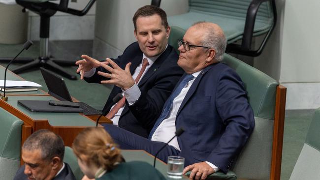 Alex Hawke (left) with former prime minister Scott Morrison. Picture: