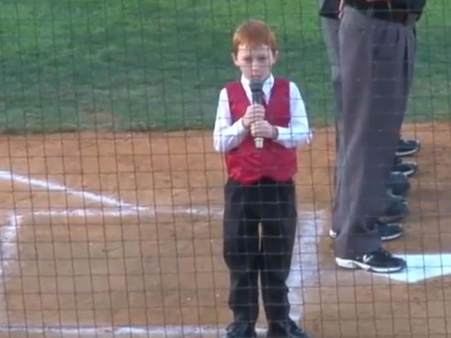 Ethan battles through the hiccups during his performance of the national anthem.