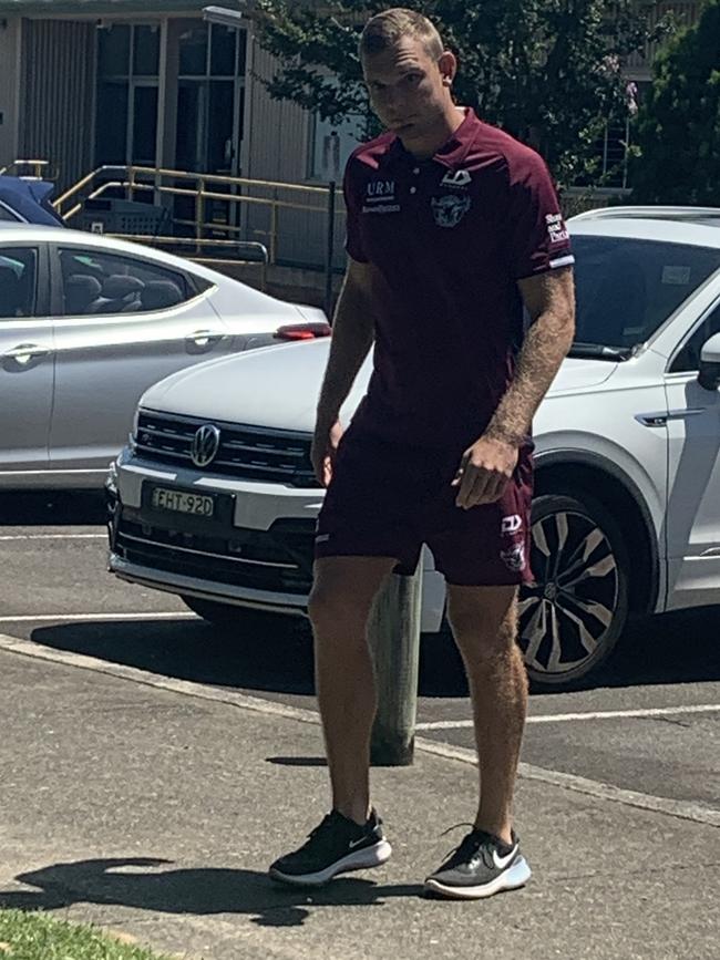 Manly fullback Tom Trbojevic walking to a press conference to address his hamstring injury in 2021. Picture: Dean Ritchie