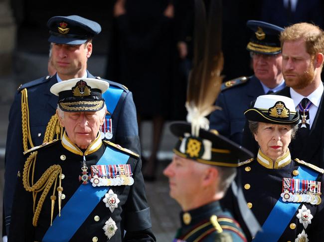 Britain's King Charles III (L), Britain's Princess Anne (R), Princess Royal, Britain's Prince William (back L), Prince of Wales, and Prince Britain's Prince Harry (back R), Duke of Sussex, stand outside Westminster Abbey after the State Funeral Service in London on September 19, 2022. Picture: AFP