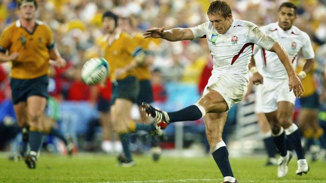 England fly-half Jonny Wilkinson nails a drop goal during the Rugby World Cup final against Australia in Sydney. Picture: AFP