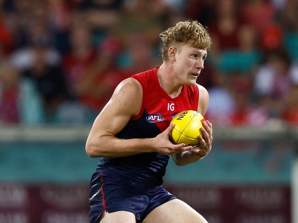 Jacob van Rooyen has a heavy weight on his shoulders as the spearhead of the Demons’ attack. Picture: Michael Willson/AFL Photos via Getty Images.