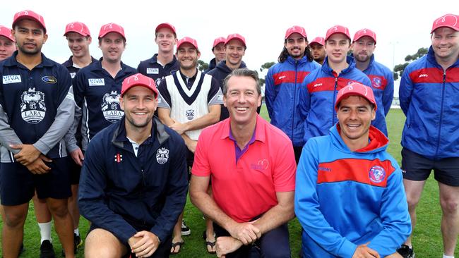 Glenn McGrath with local cricketers at Lara Recreation Reserve. picture: Glenn Ferguson