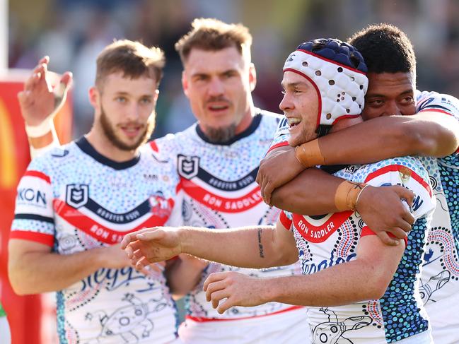 The Raiders were fuming after Luke Keary was controversially awarded a penalty try despite knocking the ball on. Picture: Getty Images