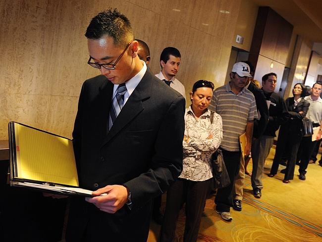 Hopeful...Jobseekers line up for a career fair in the Los Angeles in 2010. The number of Americans seeking unemployment benefits has hit pre-GFC levels. Picture: AFP