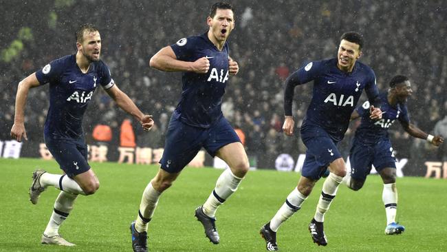 Tottenham's Jan Vertonghen, centre, celebrates after scoring his side's second goal. Picture: AP