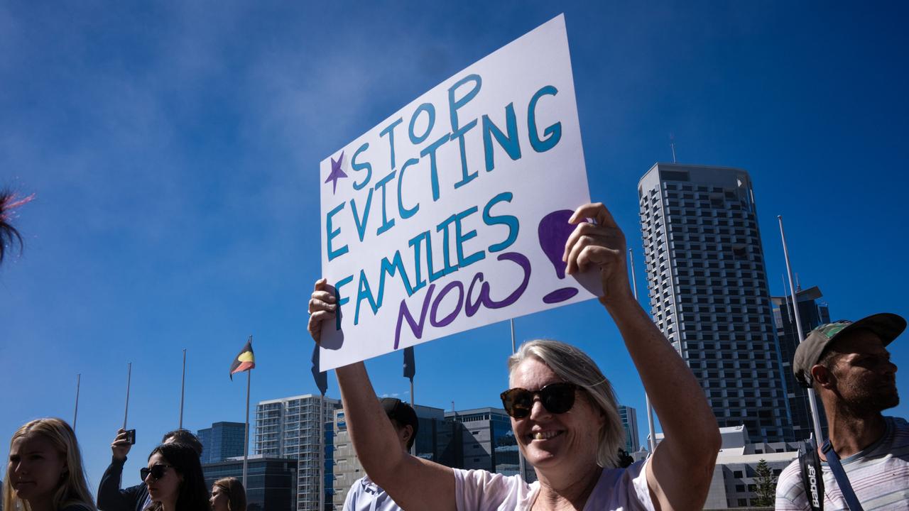 Protesters rally outside the Supreme Court challenge to WA public housing ‘no reason’ evictions policies court case in April. Picture: Supplied