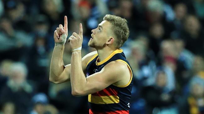 Greenwood points to the sky after every goal he kicks in a tribute to his late mum who died of cancer in 2017. Picture: Mark Stewart