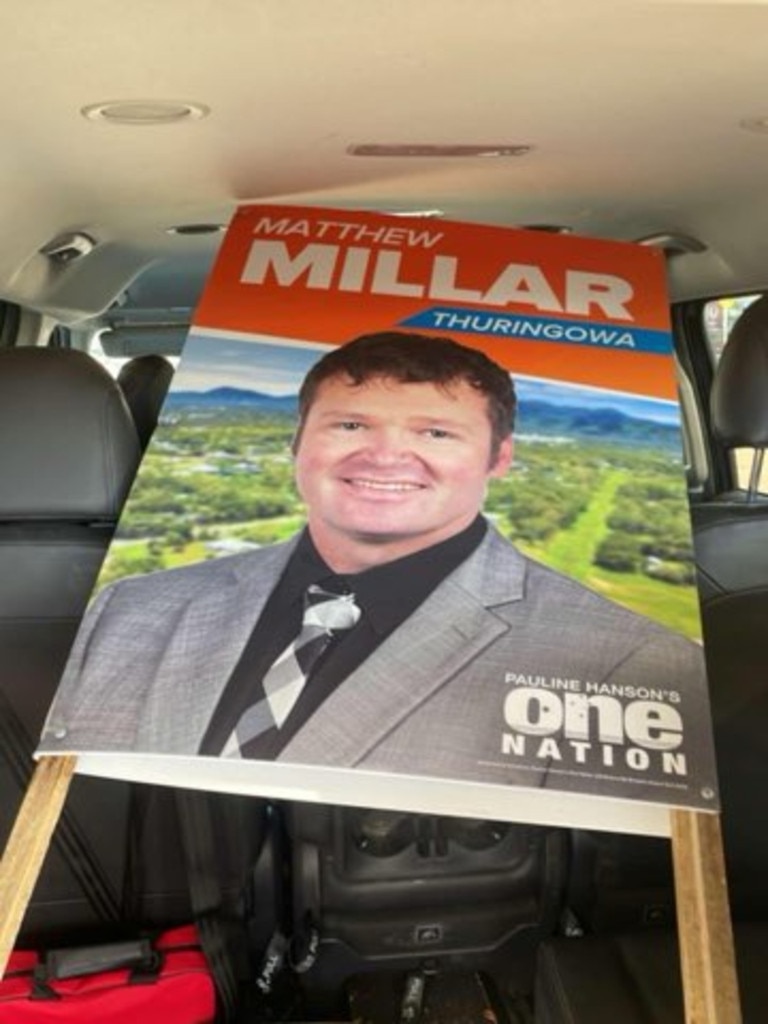 A campaign corflute belonging to One Nation’s Thuringowa candidate Matthew Millar. The party has hit pause on Mr Millar’s candidacy at the upcoming state election as it investigates allegations made against the aspiring politician. The allegations have been denied. Picture: Supplied
