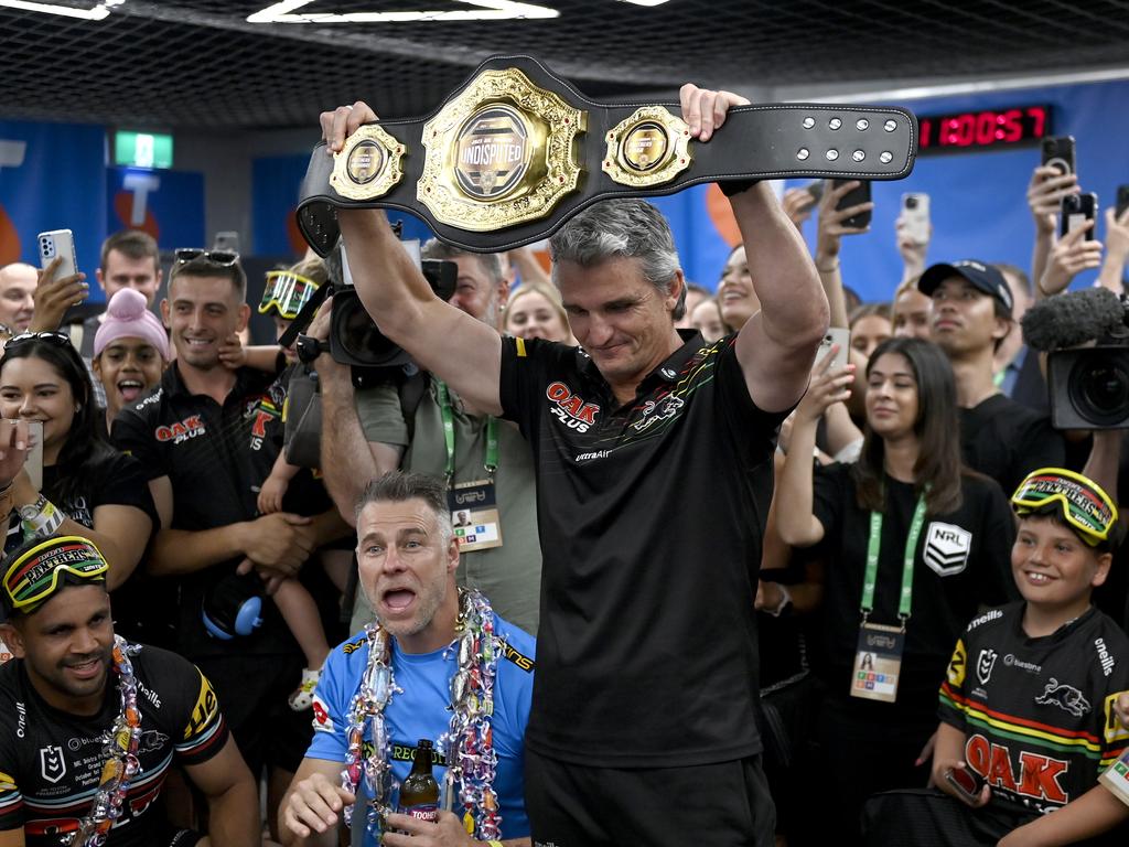 Ivan Cleary holds the boxing belt aloft. Picture: NRL Photos