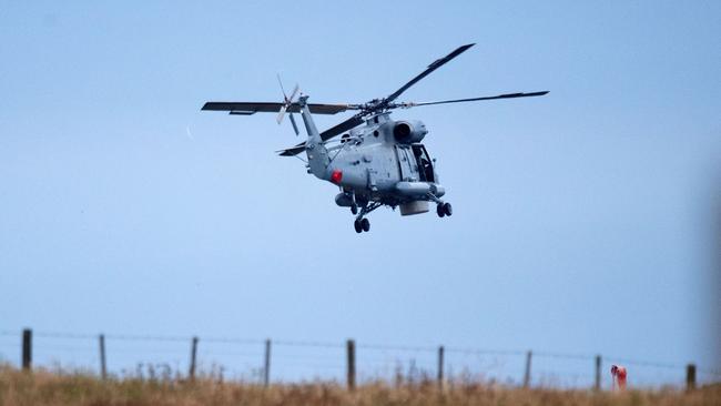 An air force helicopter leaves Whakatane airport as it assists with the recovery of the eight bodies on White Island. Picture: AFP