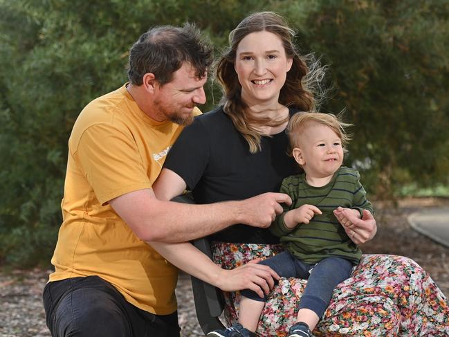 27/11/24. Before giving birth to her now 18mo old son, Liam Adelaide mum Amy Kirkup suffered three miscarriages which had a huge impact on her mental health. Husband Brendon, Amy & Liam.Picture: Keryn Stevens