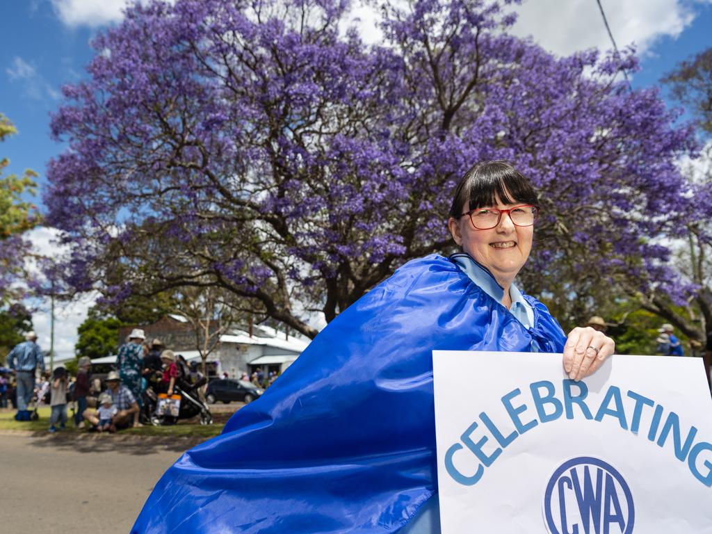 QCWA Superwoman Janine Mickelburough was flying high from the atmosphere of Jacaranda Day in her hometown of Goombungee, Saturday, November 5, 2022. Picture: Kevin Farmer