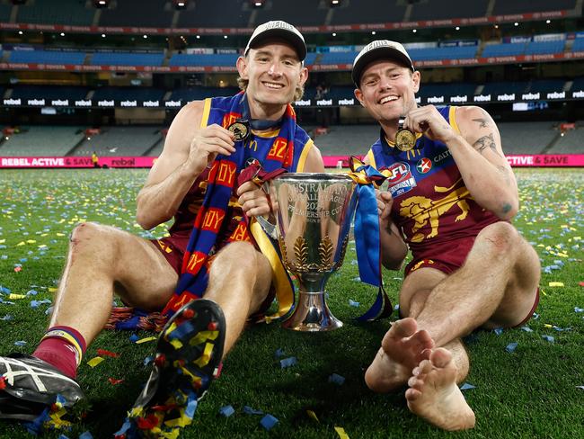 Harris Andrews (left) and Lachie Neale of the Lions celebrate during the 2024 AFL Grand Final victory. Picture: Michael Willson