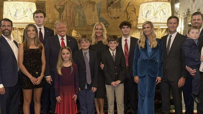 Donald Trump Jr, Kai Trump, Barron Trump, Donald Trump, (Donald Trump Jr's children (L-R) Chloe, Tristan, Spencer & Donald III), Vanessa Trump nee Haydon, Ivanka Trump, Jared Kushner, Eric Trump. Picture: X