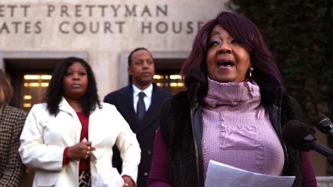 Georgia election workers Ruby Freeman and her daughter Shaye Moss speak outside the court in Washington after the damages decision. Picture: Getty Images