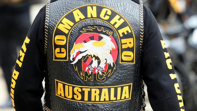 MELBOURNE, AUSTRALIA - NewsWire Photos, JANUARY 29, 2022. Comanchero watched by police leave for their OMCG run between Hallam and Truganina. Saturday, January 29, 2021. Logo, Jacket, Generic. Picture: NCA NewsWire / David Crosling