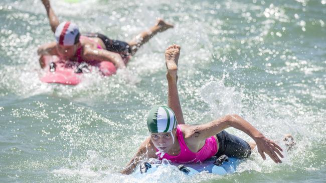 Mona Vale’s Hugh Webster in action during his leg of the under-10 Male Board Relay semi-final at the NSW Surf Life Saving Championships at Blacksmiths Beach on Friday, 28 February, 2020. Picture: Troy Snook