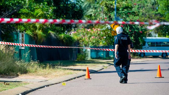 NT police at a crime scene in Karama following an incident where a 20-year-old man was stabbed and killed. Picture: Che Chorley