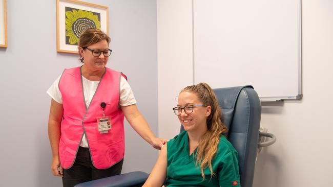 Emergency department registrar Dr Melinda Swann gets the first COVID-19 vaccination at Grafton Base Hospital.