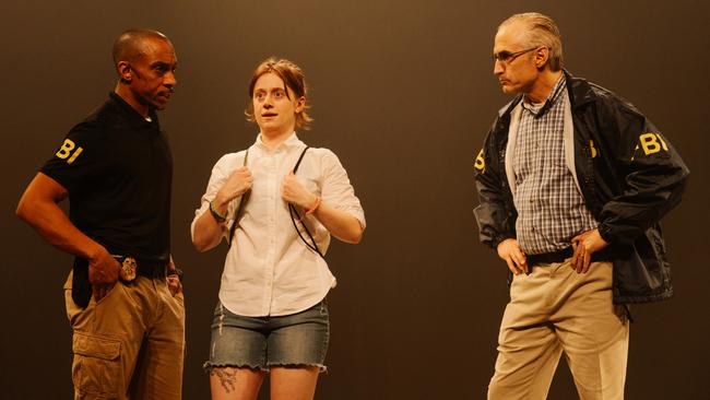 Broadway hit Is This A Room stars: Will Cobbs (left) and Pete Simpson as FBI agents, and Susannah Perkins as Reality Winner. Picture: Tristan McKenzie