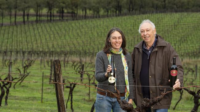 Jasper Hill Winery’s father-and-daughter duo Ron Laughton and Emily McNally show two of the wine varieties made at the Heathcote vineyard. Picture: Zoe Phillips