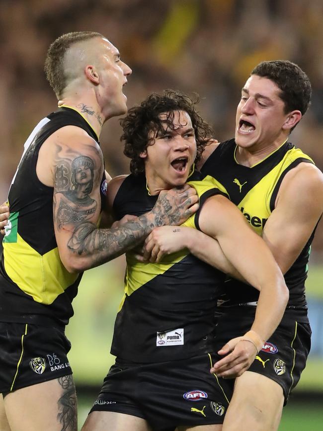 Daniel Rioli celebrates a goal. Picture: Alex Coppel