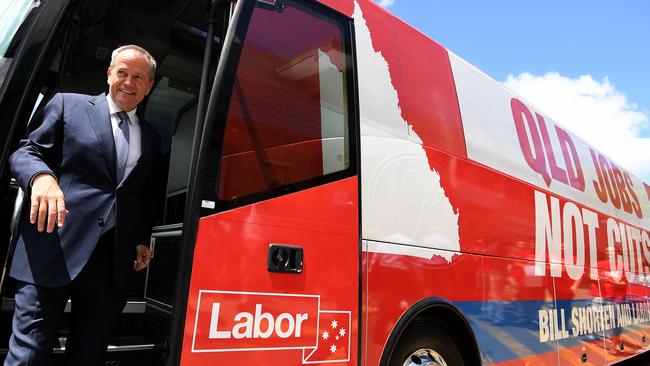 Federal Opposition Leader Bill Shorten in the door of his campaign bus at Beenleigh, south of Brisbane. Picture: Dan Peled/AAP